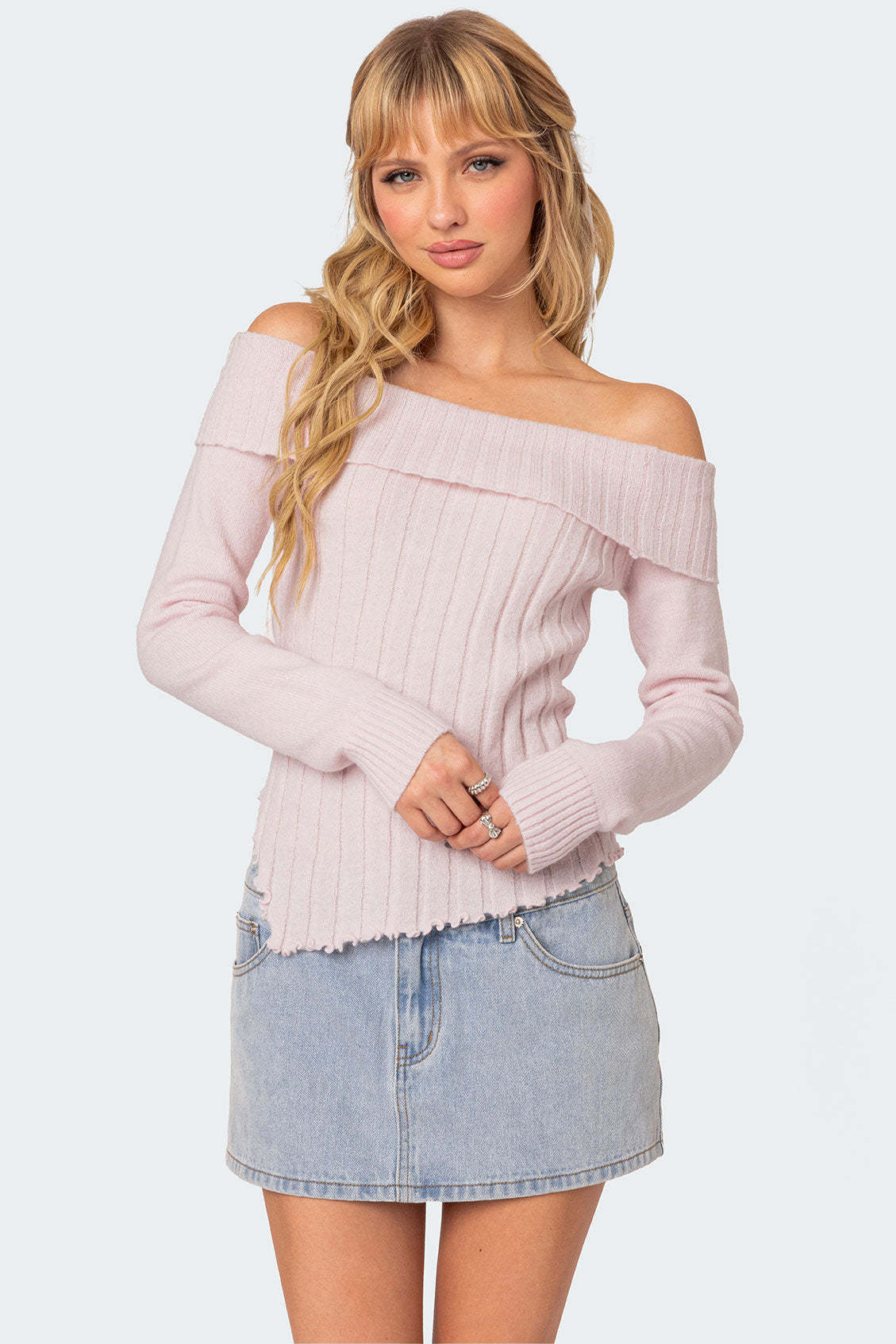 Sonya Fold Over Knit Top - LIGHT PINK