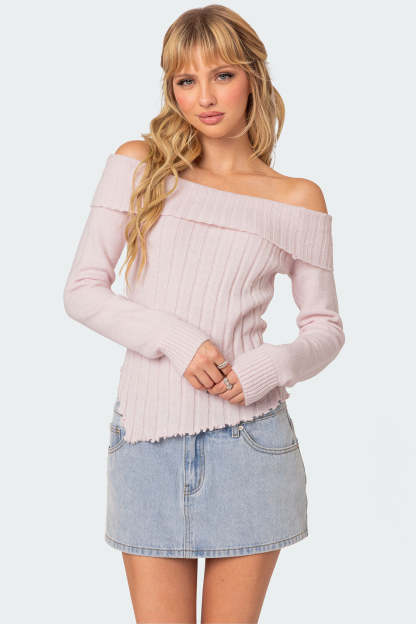 Sonya Fold Over Knit Top - LIGHT PINK