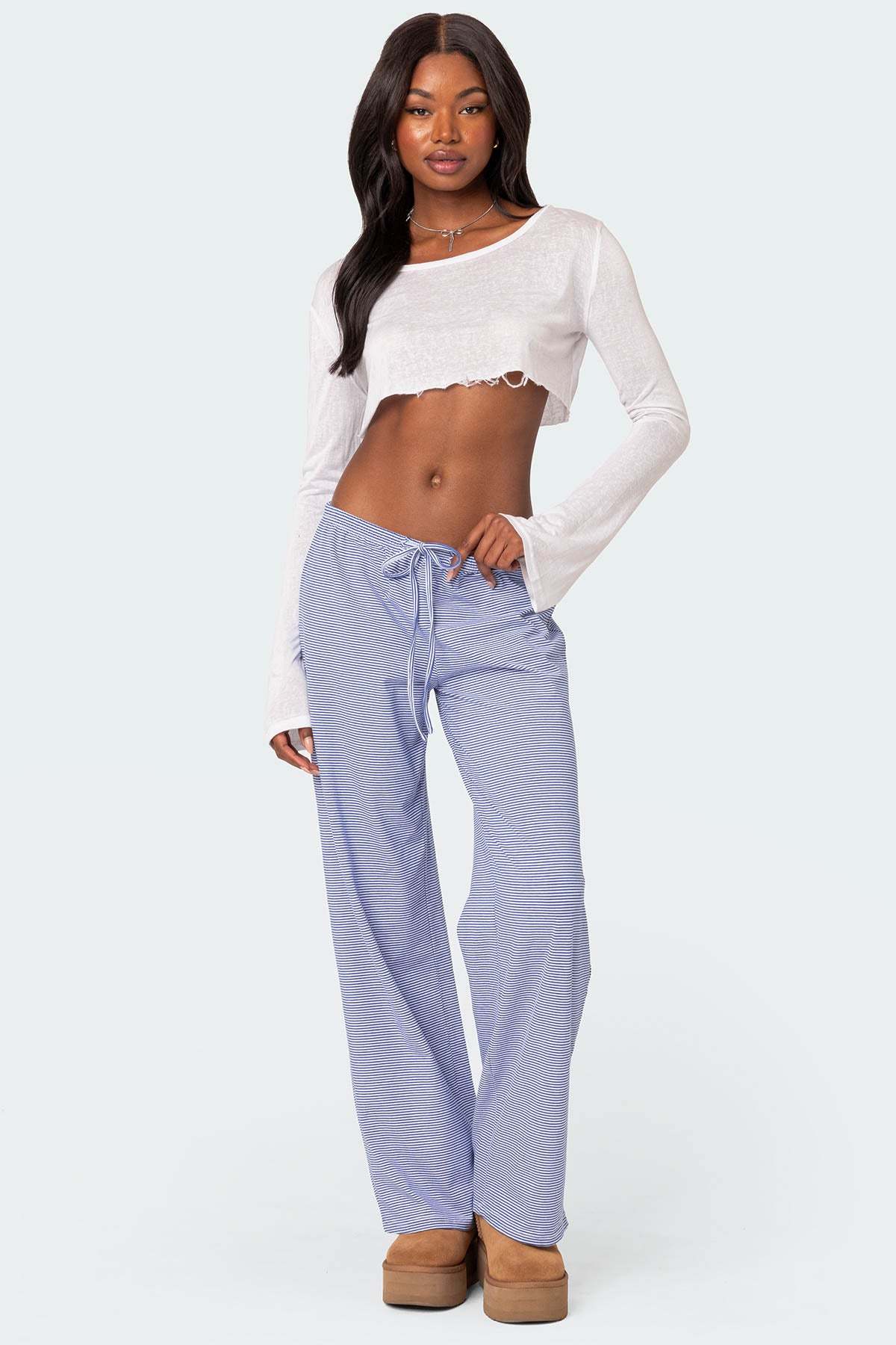 Olivia Striped Loose Fit Pants - BLUE AND WHITE