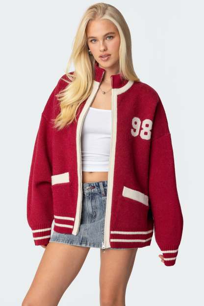 98 Varsity Zip Up Sweater - BURGUNDY