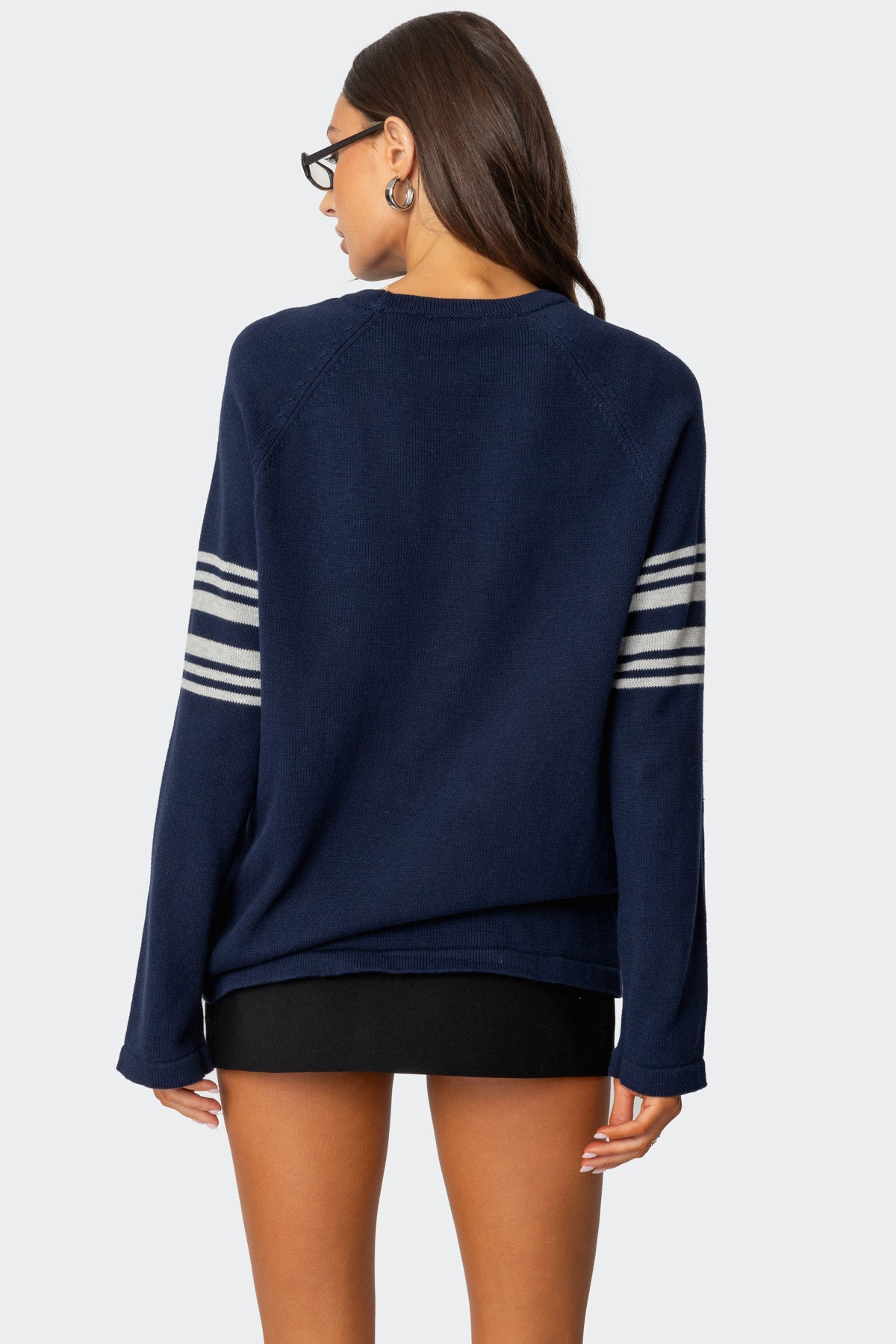 Contrast Stripe Oversized Knit Top - NAVY