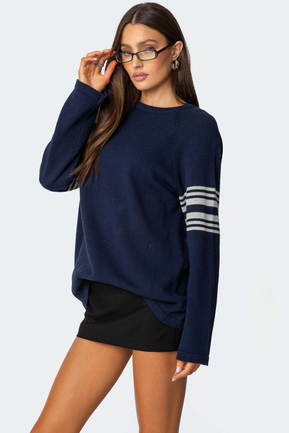 Contrast Stripe Oversized Knit Top - NAVY