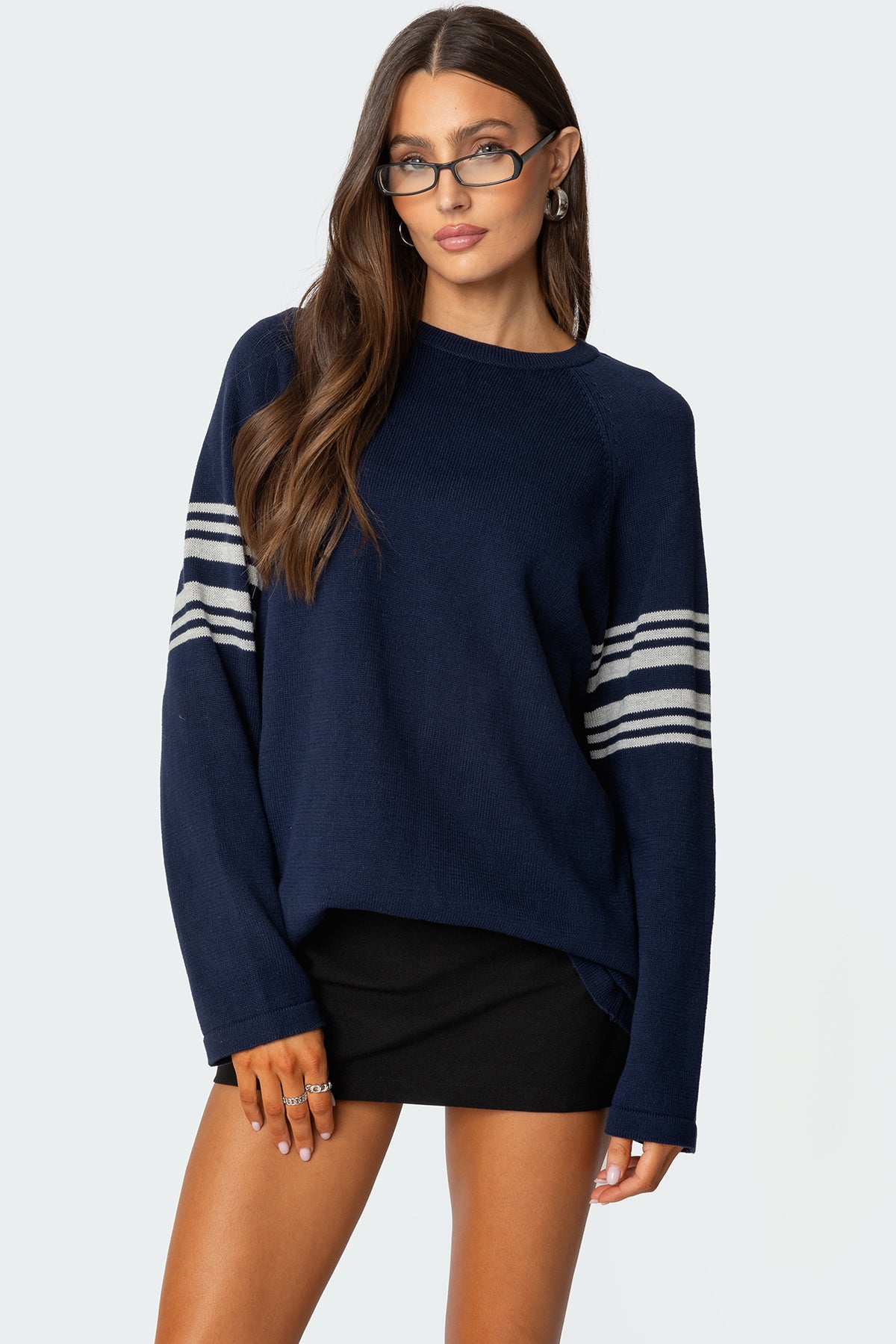 Contrast Stripe Oversized Knit Top - NAVY