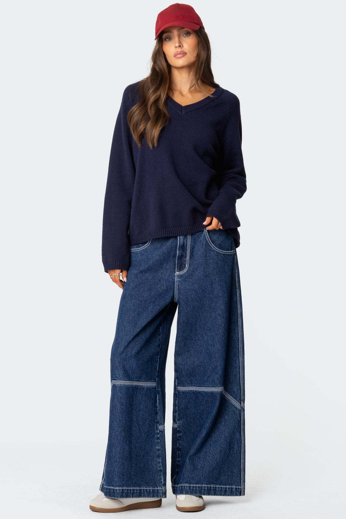 Martha Oversized V Neck Sweater - NAVY
