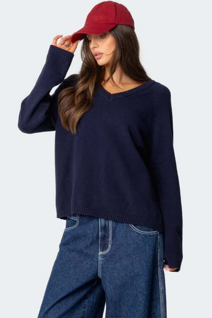 Martha Oversized V Neck Sweater - NAVY