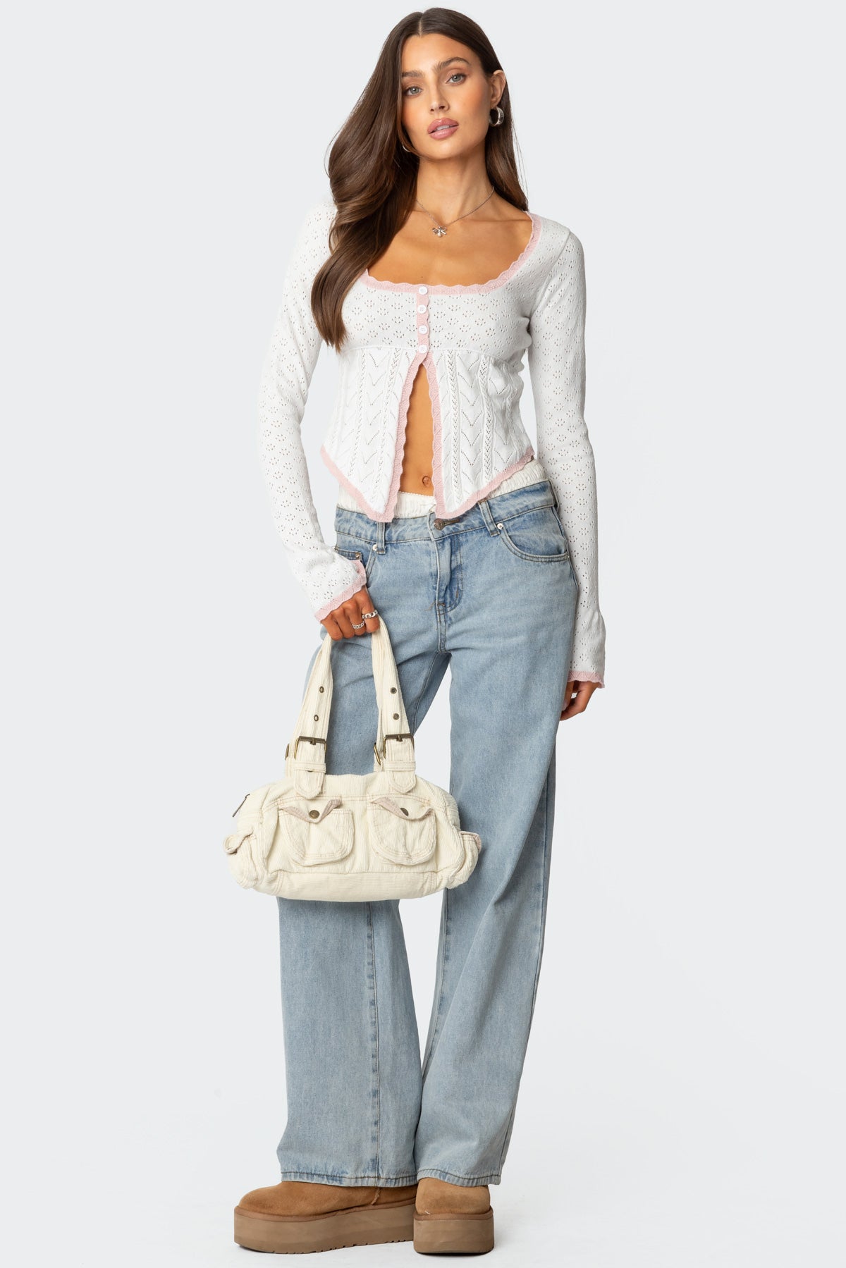 Abbie Split Front Pointelle Top - WHITE