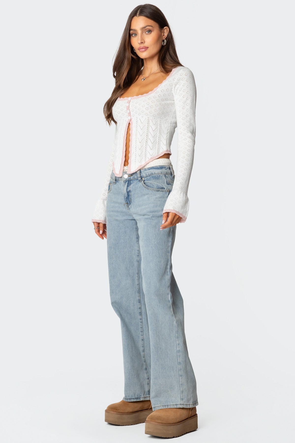 Abbie Split Front Pointelle Top - WHITE