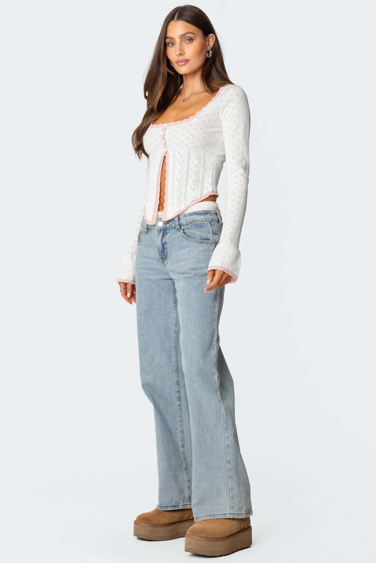 Abbie Split Front Pointelle Top - WHITE