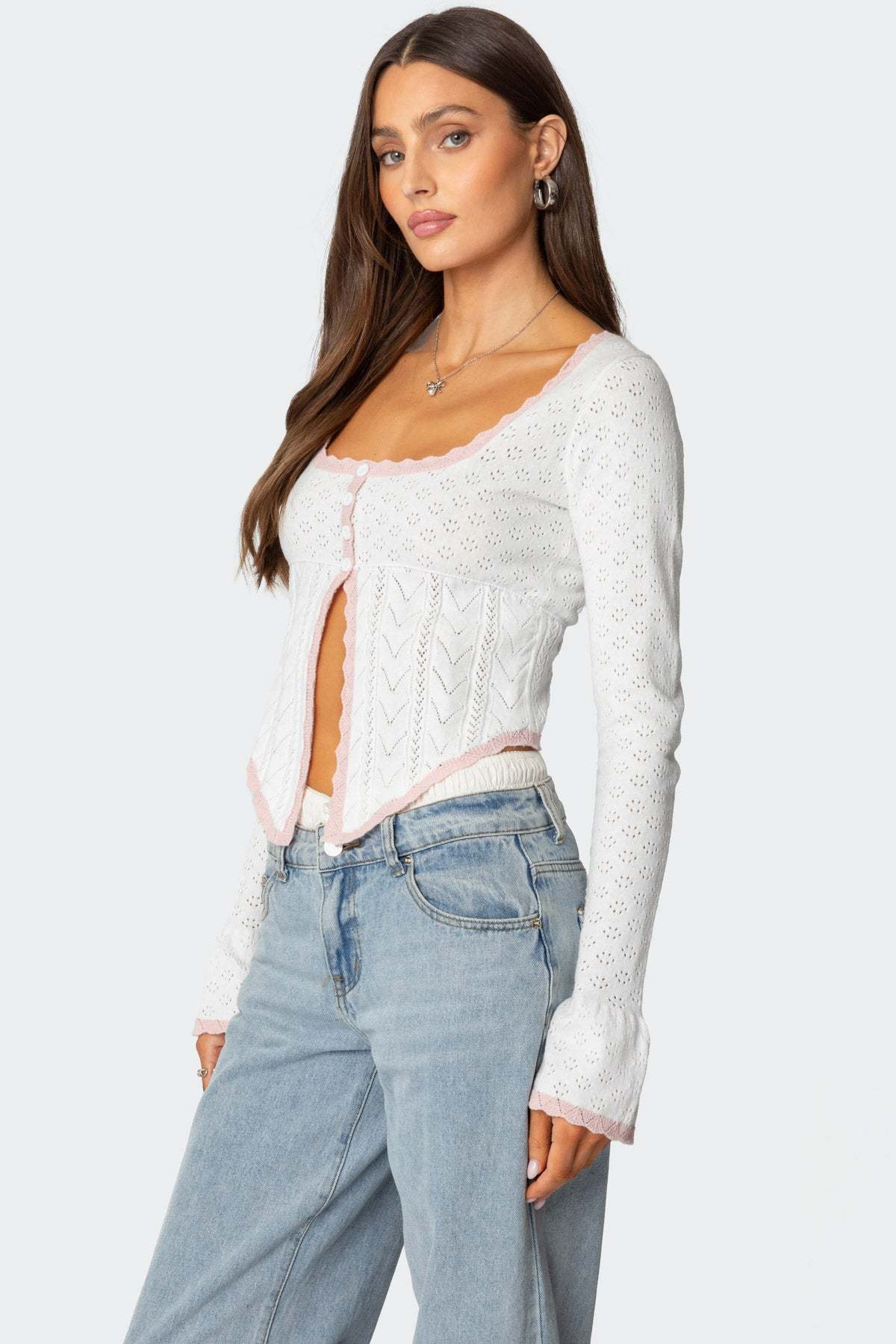 Abbie Split Front Pointelle Top - WHITE