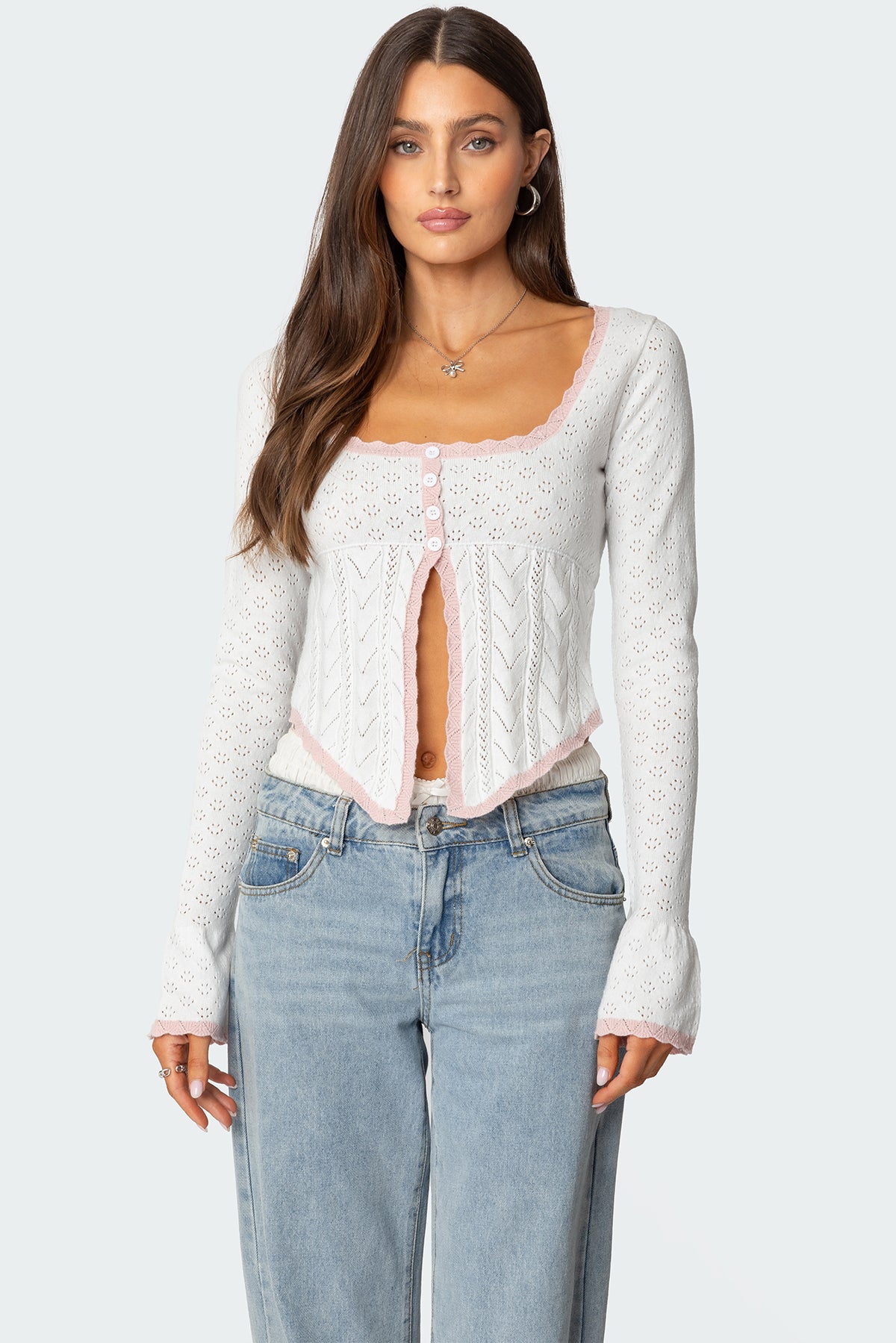 Abbie Split Front Pointelle Top - WHITE