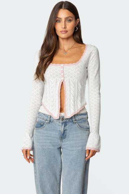Abbie Split Front Pointelle Top - WHITE