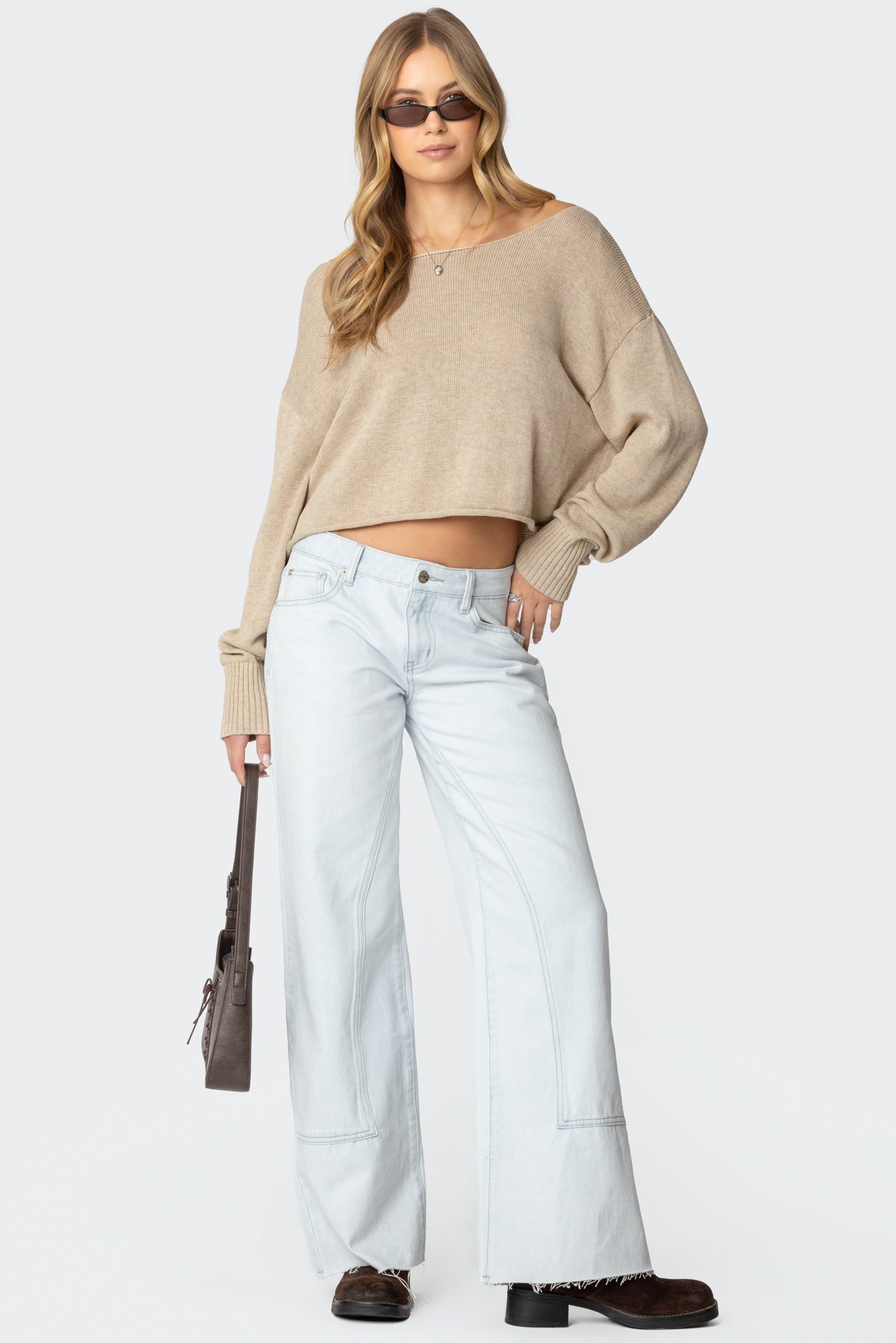 Aviv Wide Neck Oversized Sweater - BEIGE