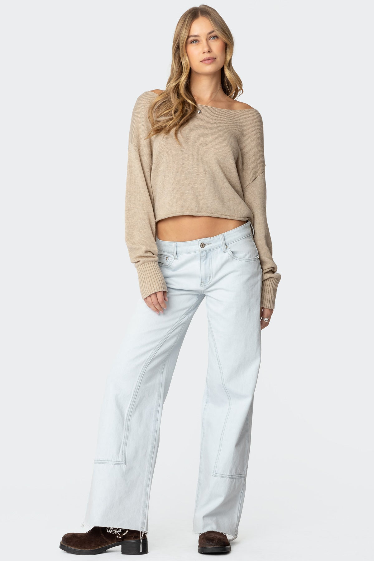 Aviv Wide Neck Oversized Sweater - BEIGE