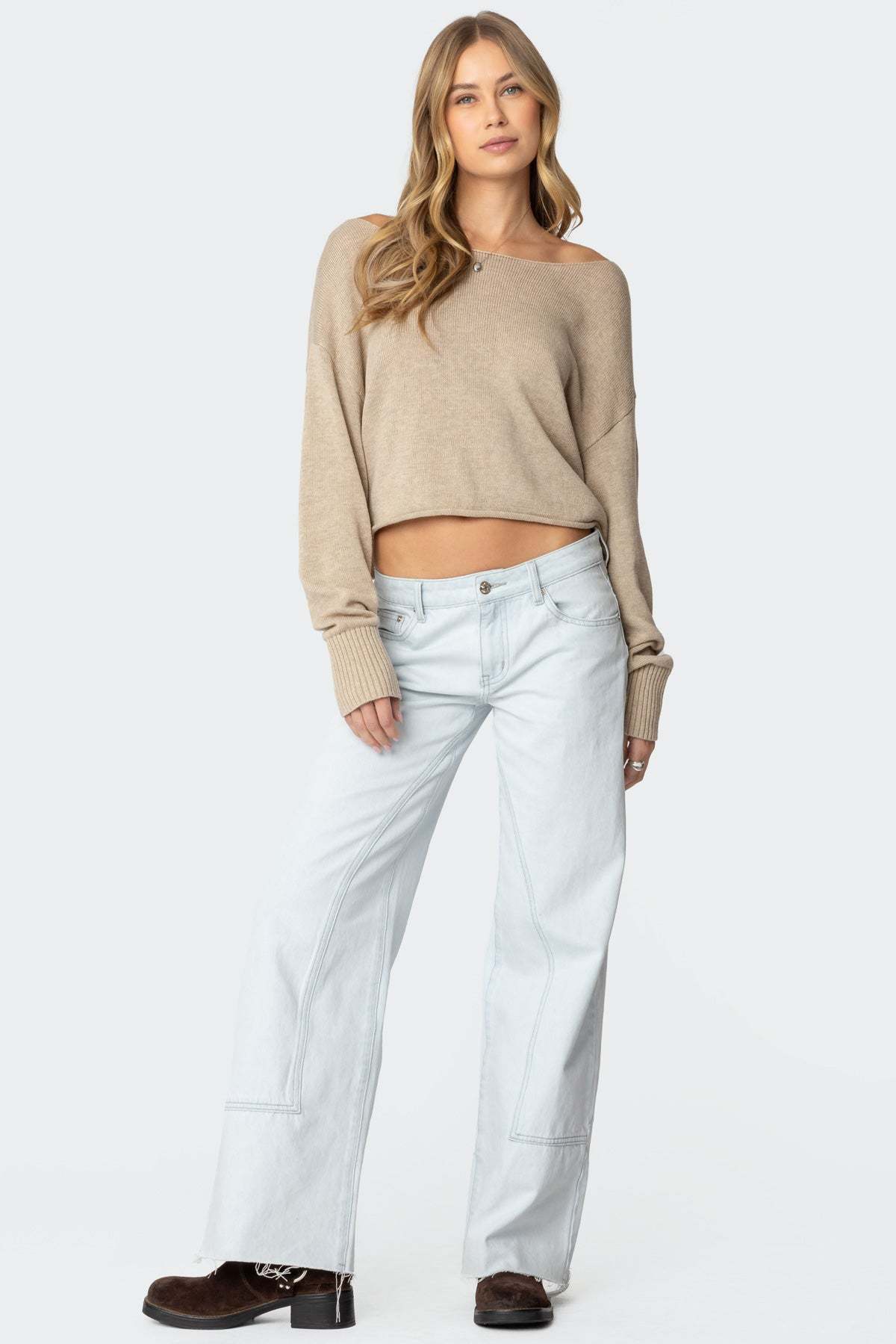 Aviv Wide Neck Oversized Sweater - BEIGE