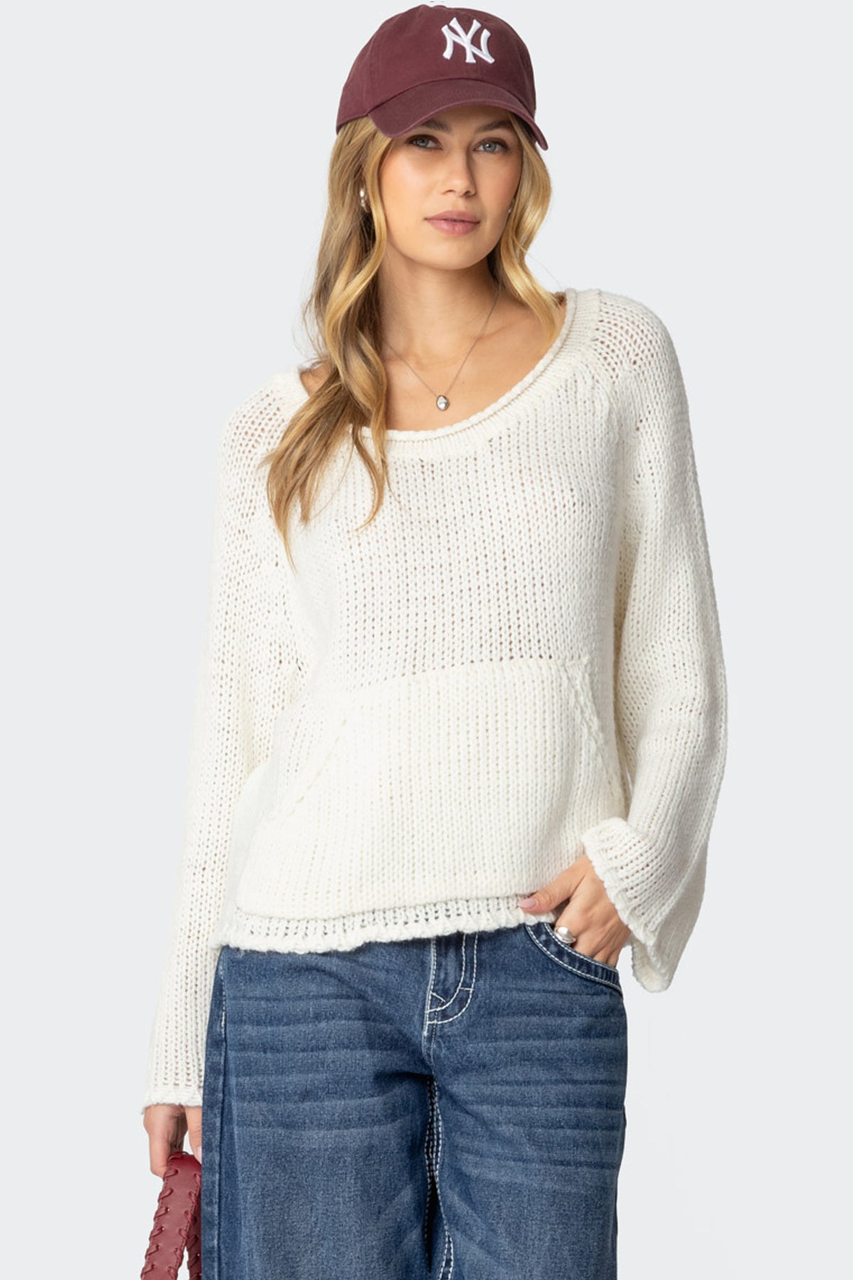 Kangaroo Pocket Oversized Knit Top - CREAM