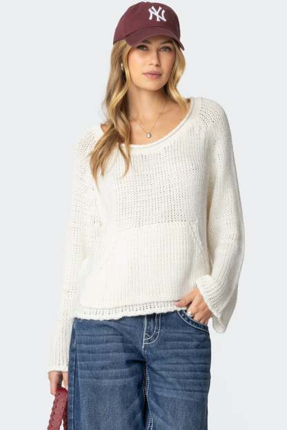Kangaroo Pocket Oversized Knit Top - CREAM