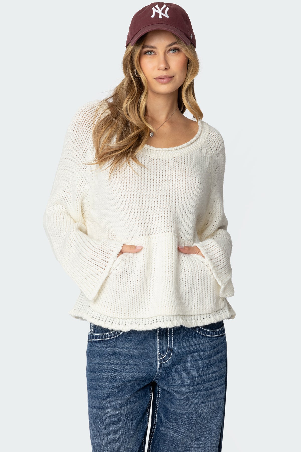 Kangaroo Pocket Oversized Knit Top - CREAM