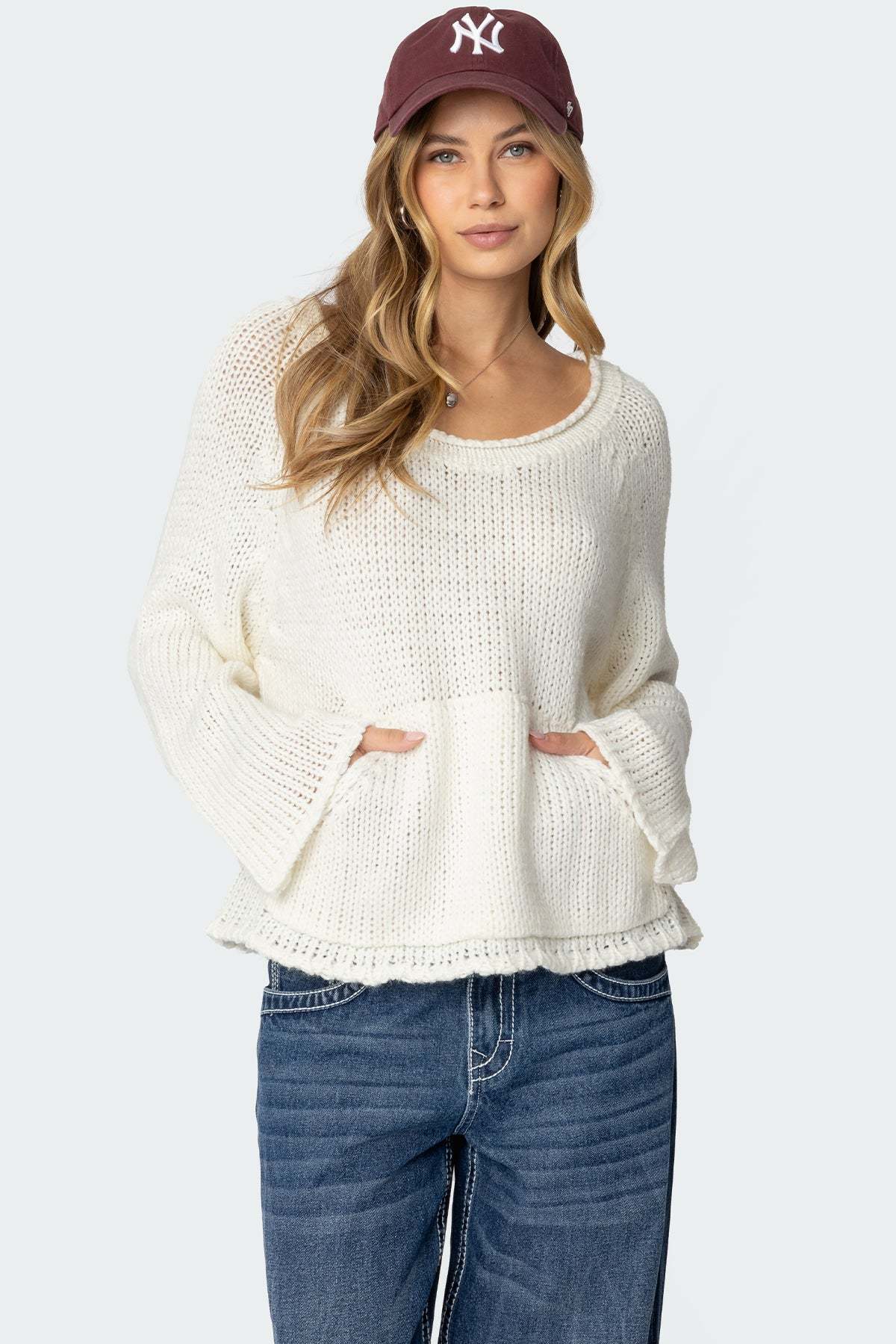 Kangaroo Pocket Oversized Knit Top - CREAM