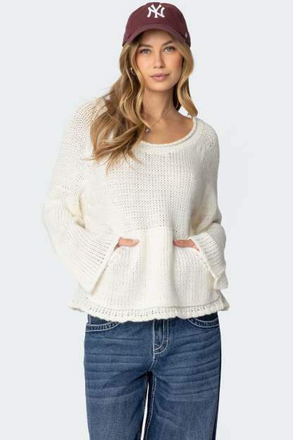 Kangaroo Pocket Oversized Knit Top - CREAM