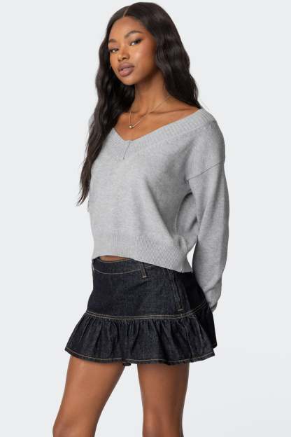 Eli Oversized V Neck Sweater - GRAY MELANGE