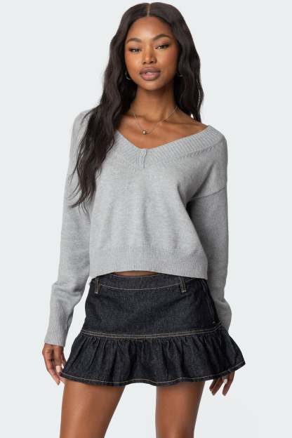 Eli Oversized V Neck Sweater - GRAY MELANGE
