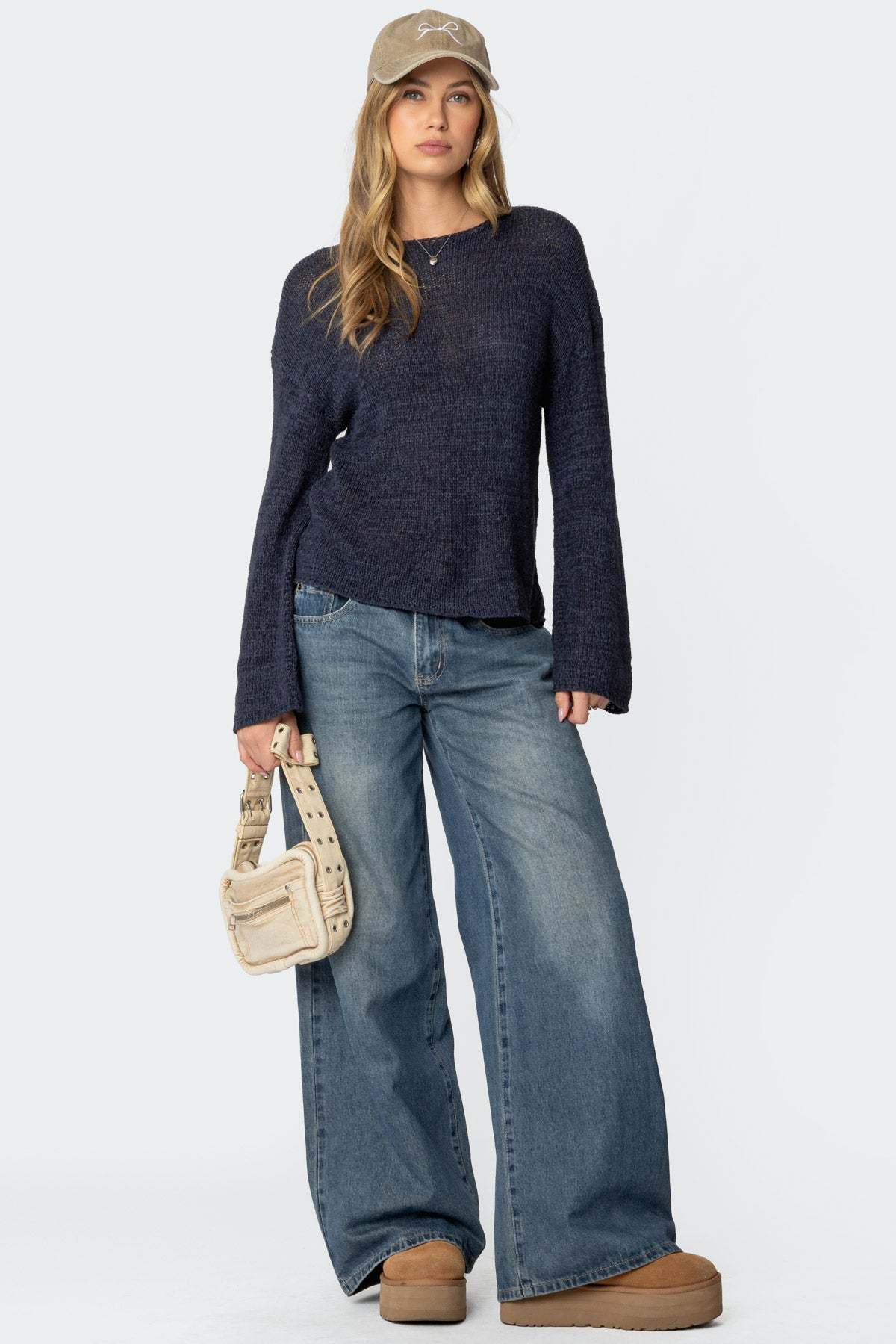 Drop Shoulder Light Knit Sweater - NAVY