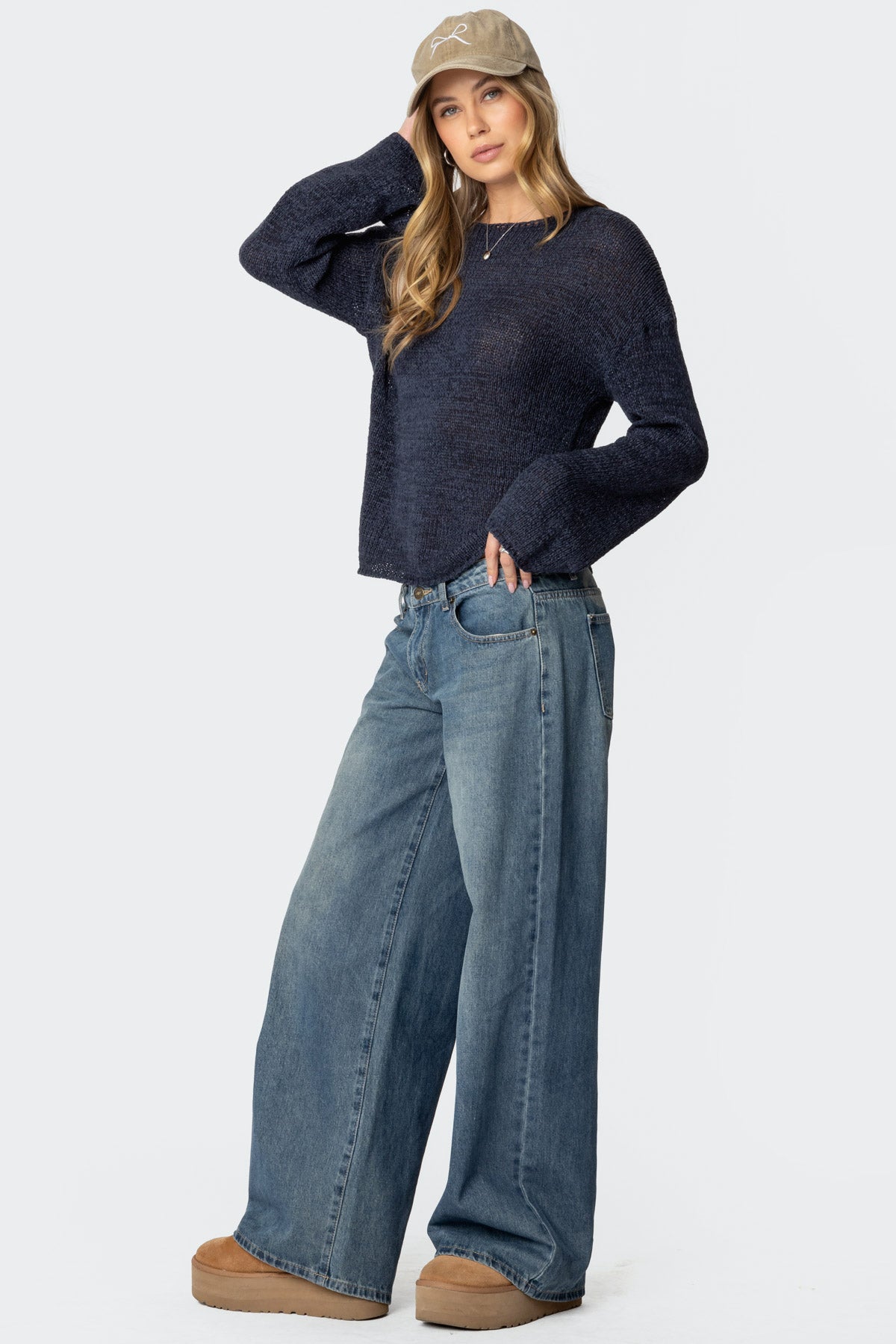 Drop Shoulder Light Knit Sweater - NAVY