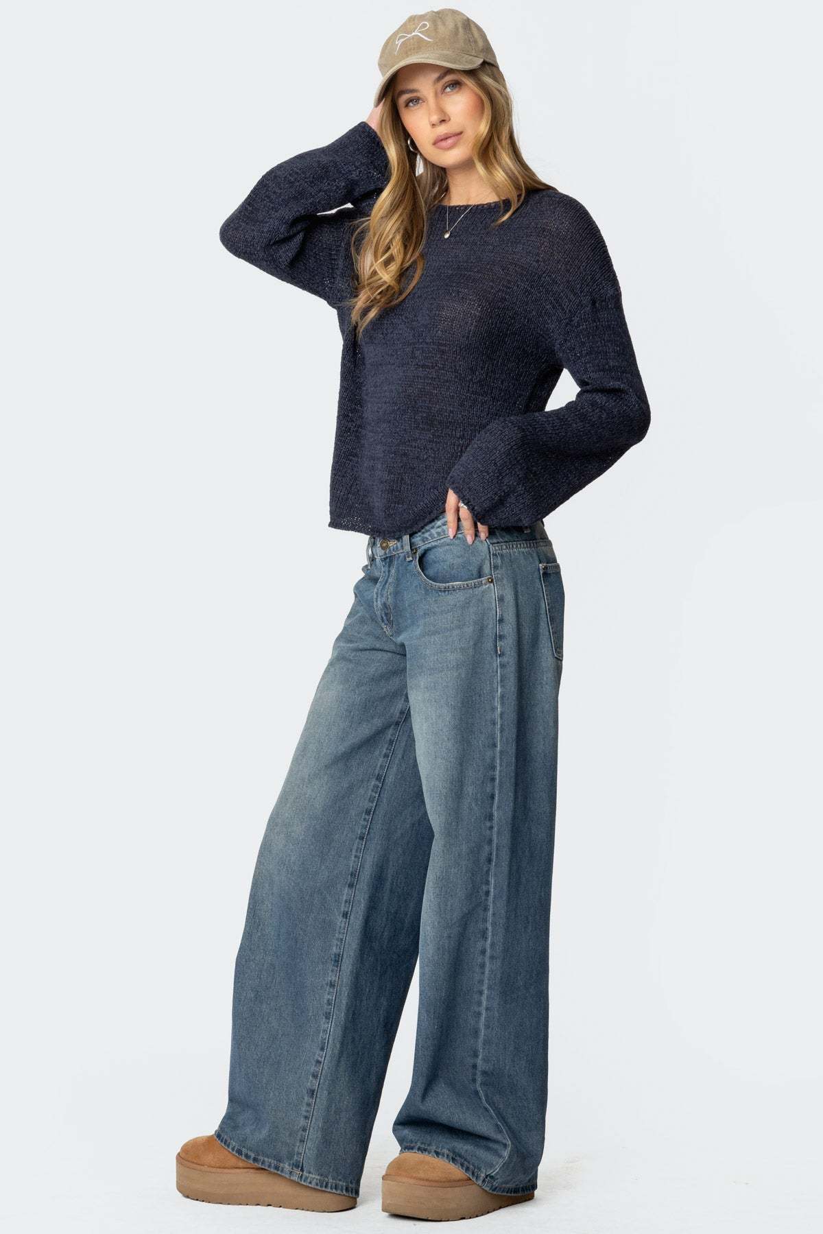 Drop Shoulder Light Knit Sweater - NAVY