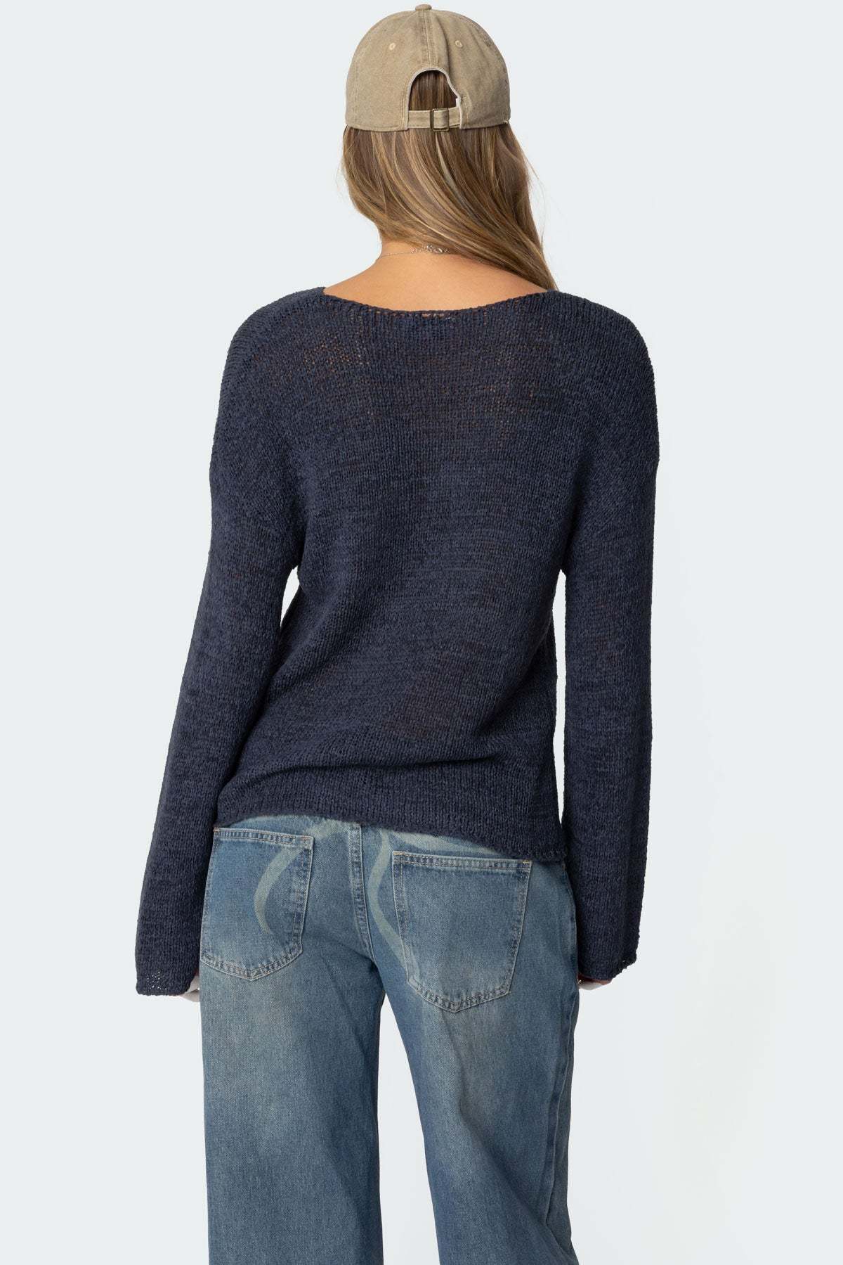Drop Shoulder Light Knit Sweater - NAVY