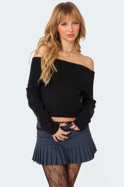 Tamara Fold Over Knit Top - BLACK