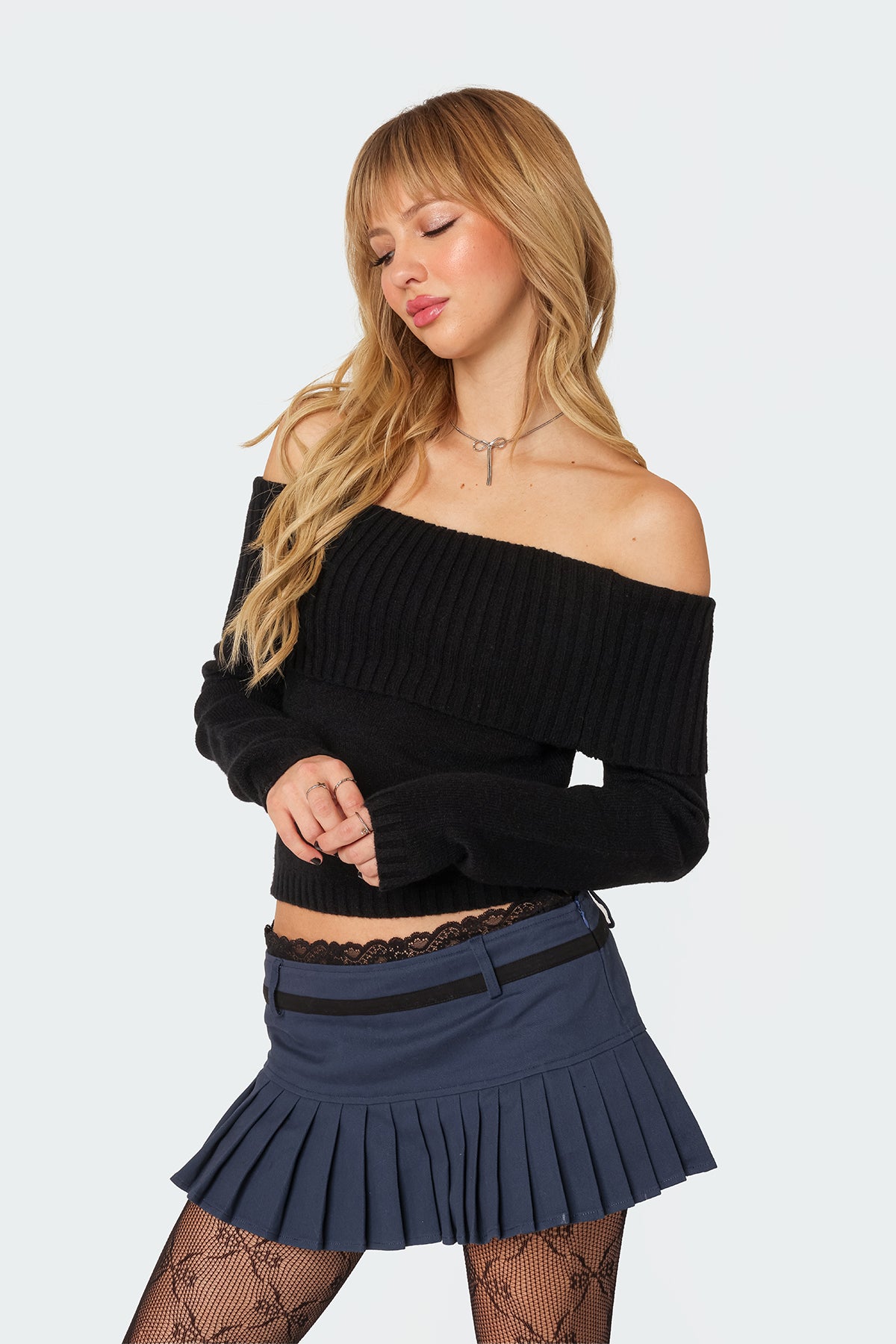 Tamara Fold Over Knit Top - BLACK