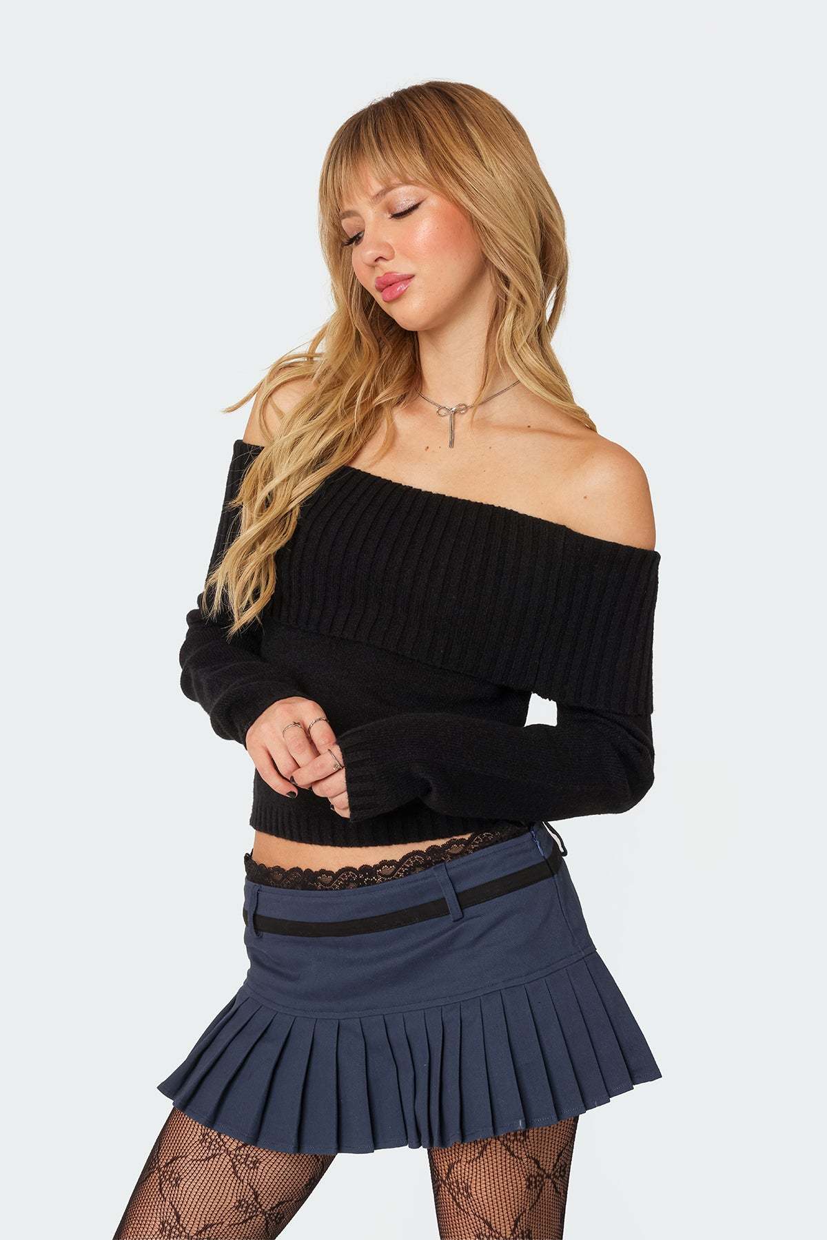 Tamara Fold Over Knit Top - BLACK