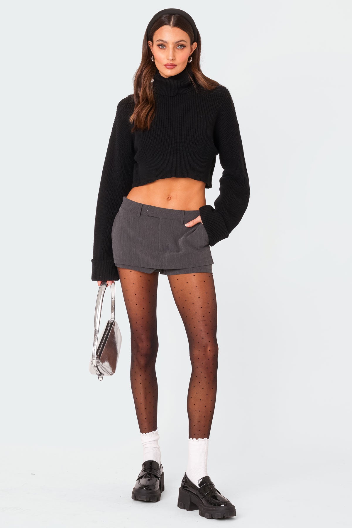 Oversized Turtle Neck Cropped Sweater - BLACK