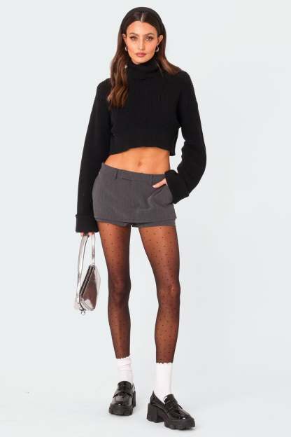 Oversized Turtle Neck Cropped Sweater - BLACK