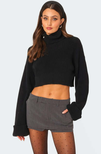 Oversized Turtle Neck Cropped Sweater - BLACK