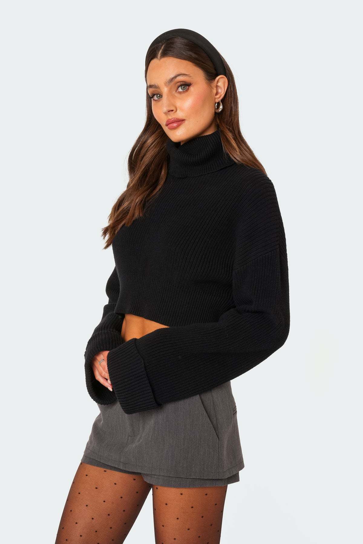 Oversized Turtle Neck Cropped Sweater - BLACK