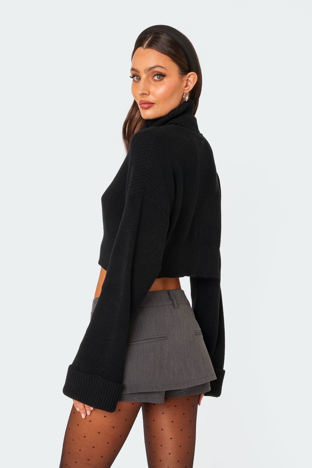 Oversized Turtle Neck Cropped Sweater - BLACK