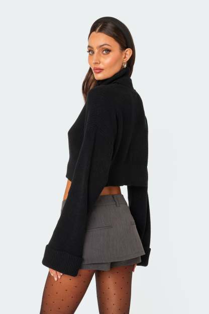 Oversized Turtle Neck Cropped Sweater - BLACK