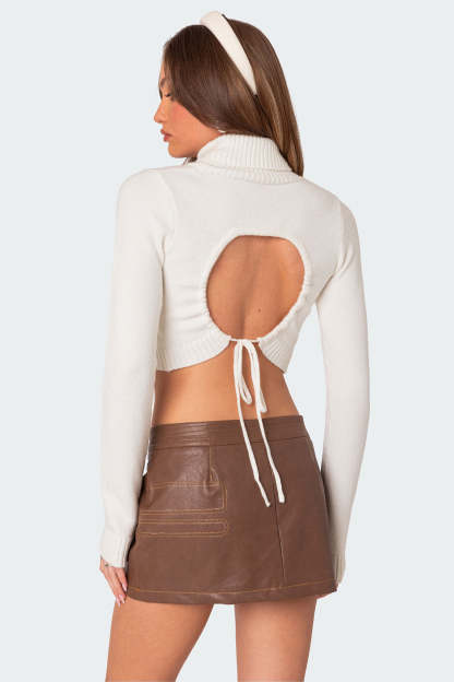 Back Cut Out Turtle Neck Sweater - CREAM