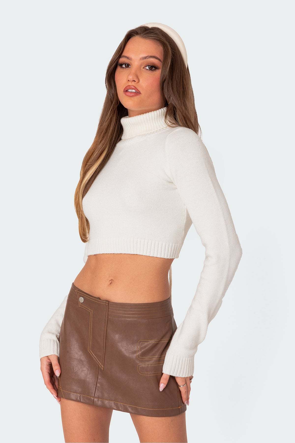 Back Cut Out Turtle Neck Sweater - CREAM