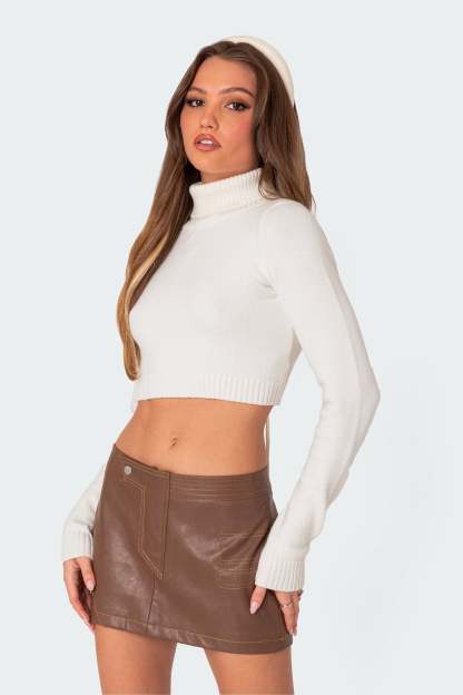 Back Cut Out Turtle Neck Sweater - CREAM