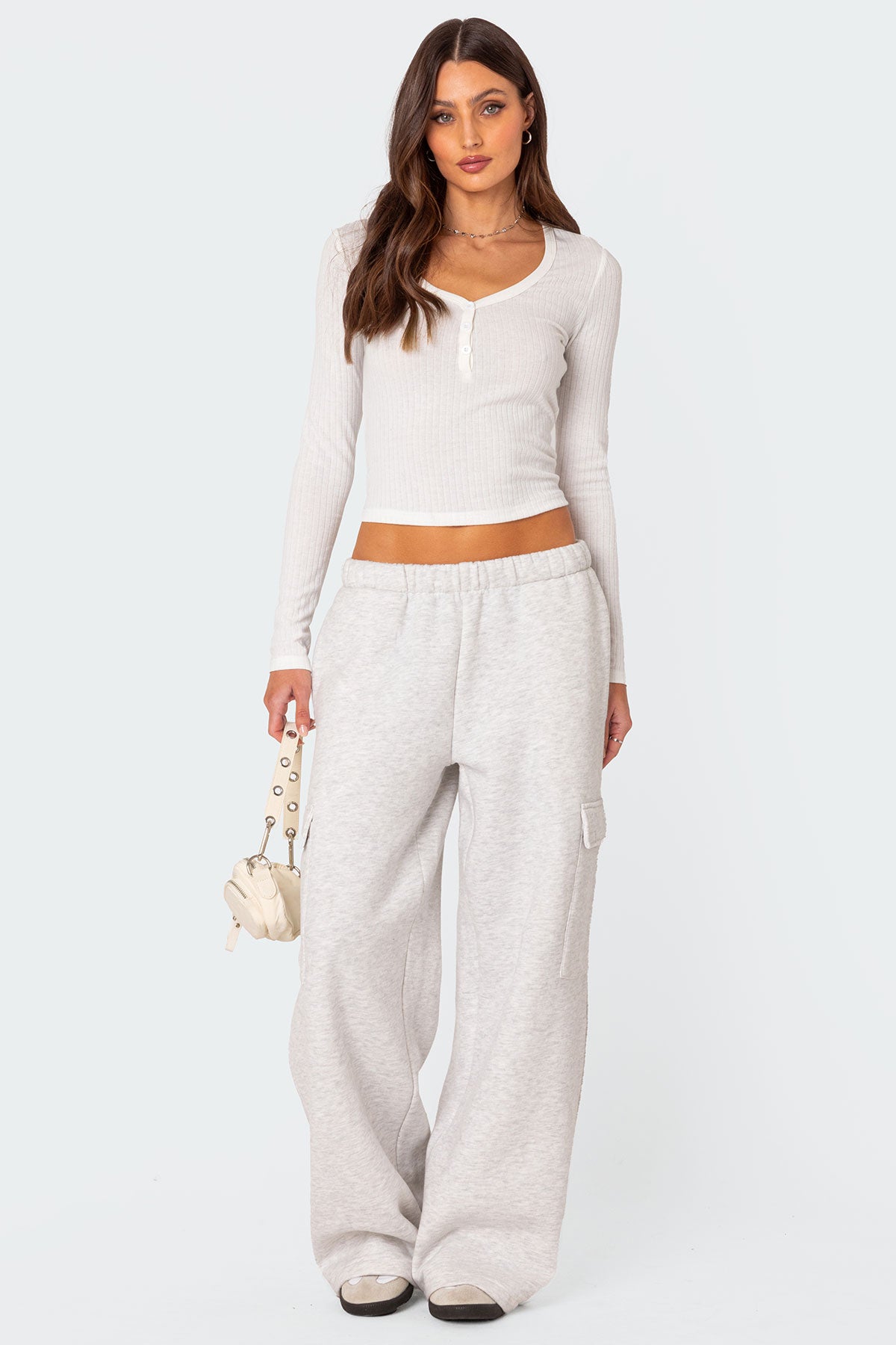 Wide Leg Cargo Sweatpants - LIGHT GRAY