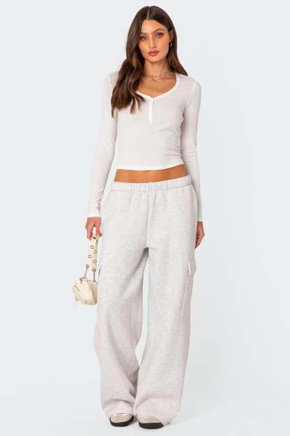 Wide Leg Cargo Sweatpants - LIGHT GRAY