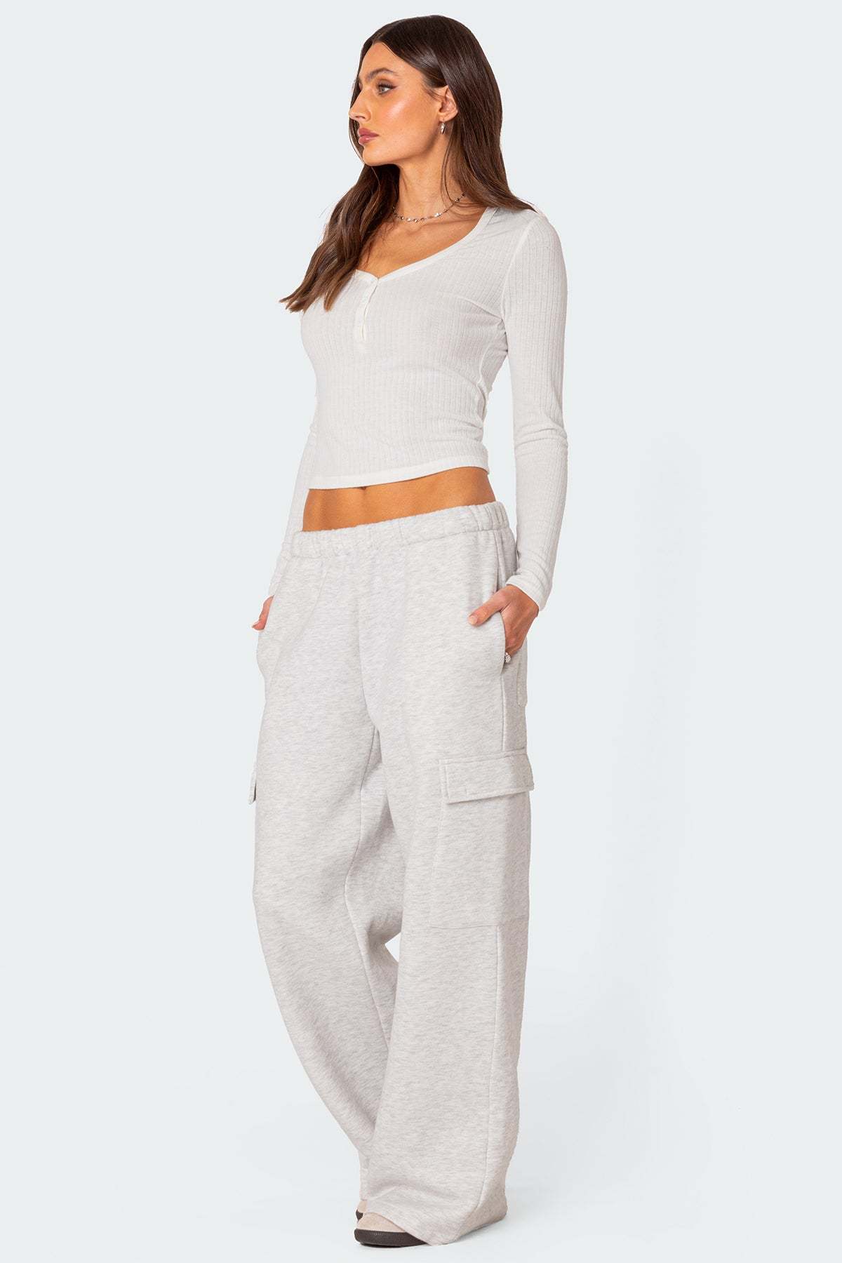 Wide Leg Cargo Sweatpants - LIGHT GRAY