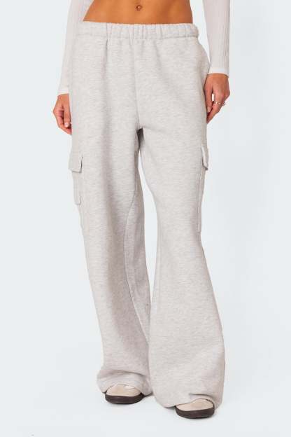 Wide Leg Cargo Sweatpants - LIGHT GRAY