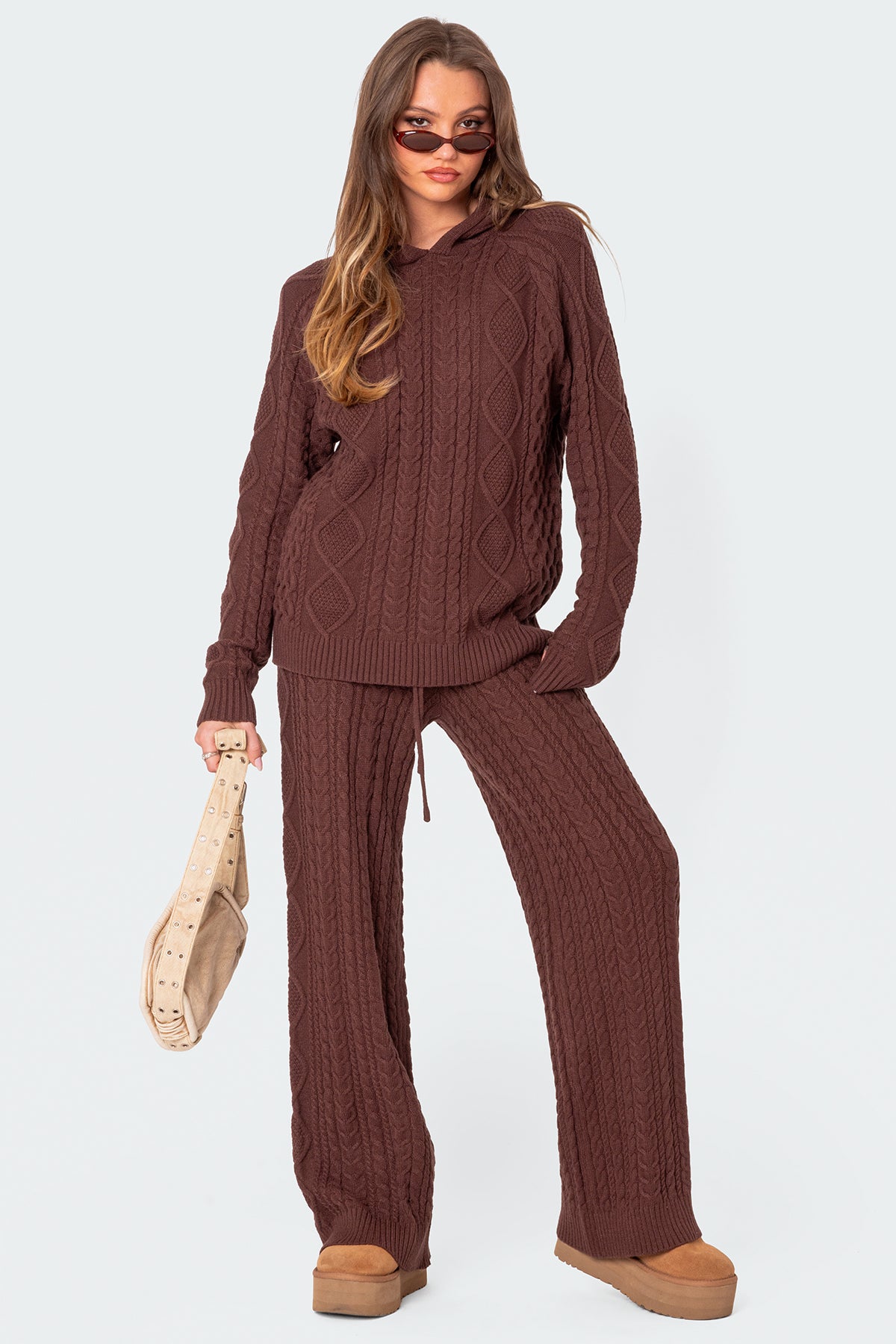 Jelena Relaxed Cable Knit Pants - BROWN