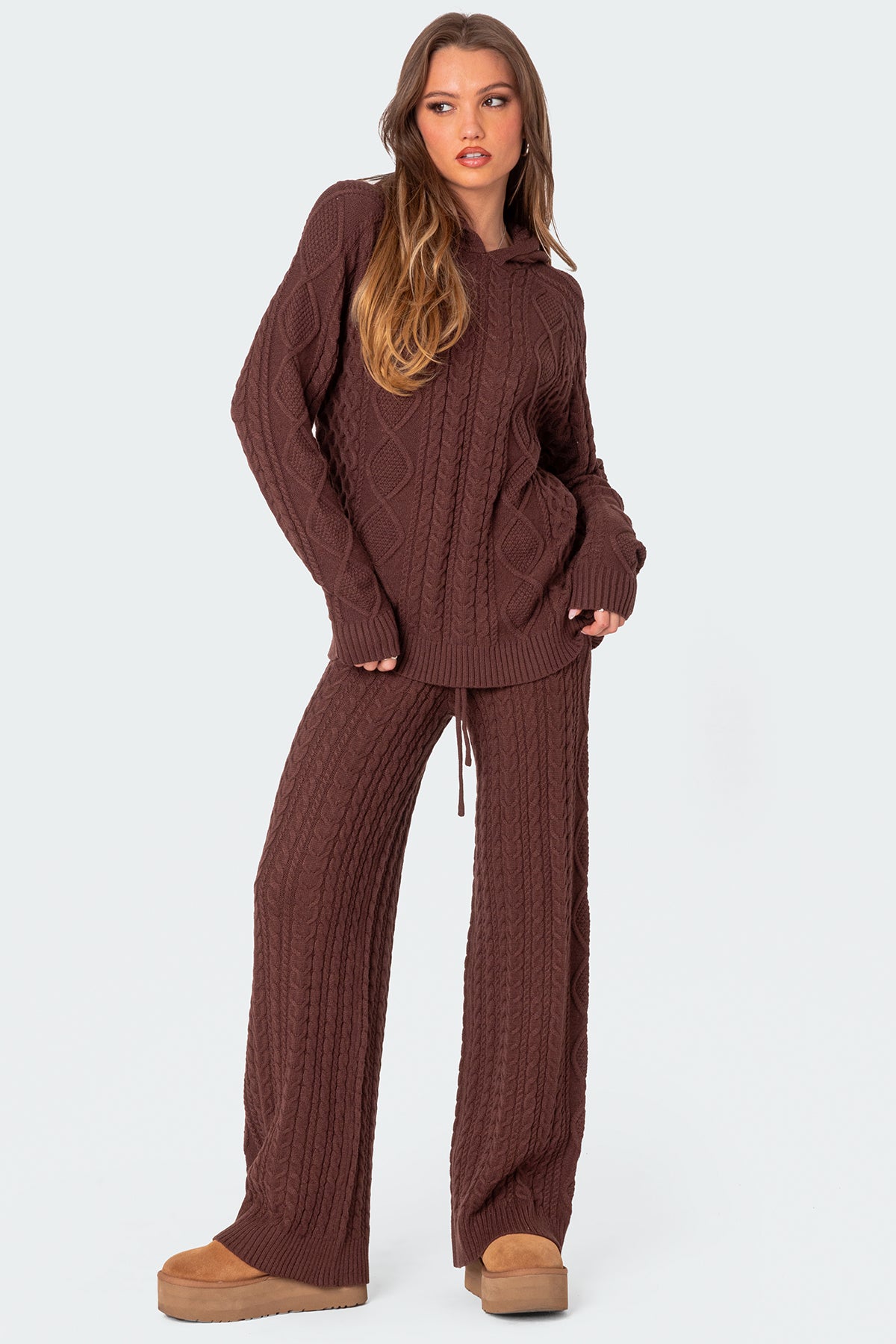 Jelena Relaxed Cable Knit Pants - BROWN