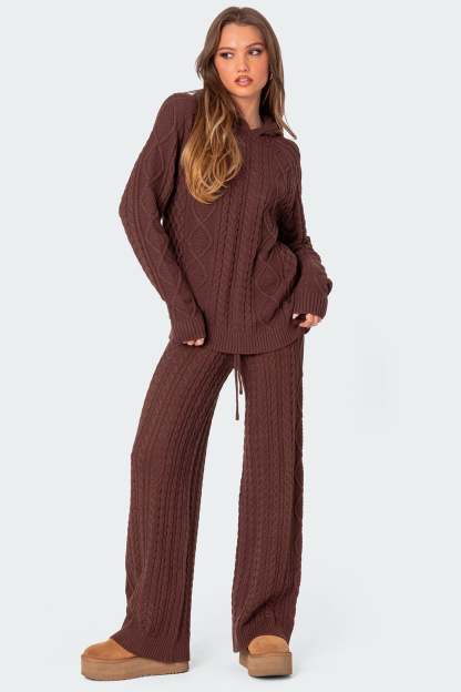 Jelena Relaxed Cable Knit Pants - BROWN