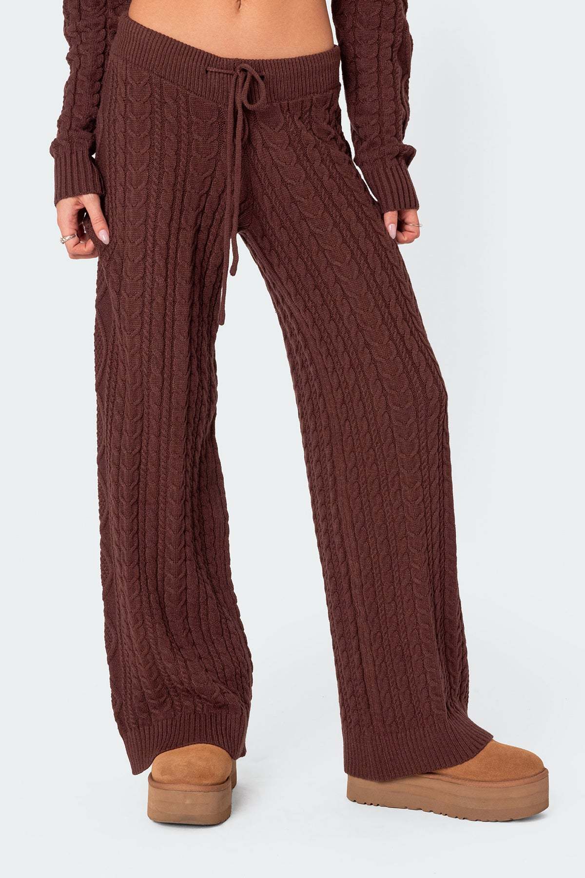 Jelena Relaxed Cable Knit Pants - BROWN