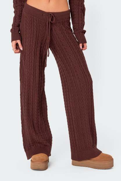 Jelena Relaxed Cable Knit Pants - BROWN